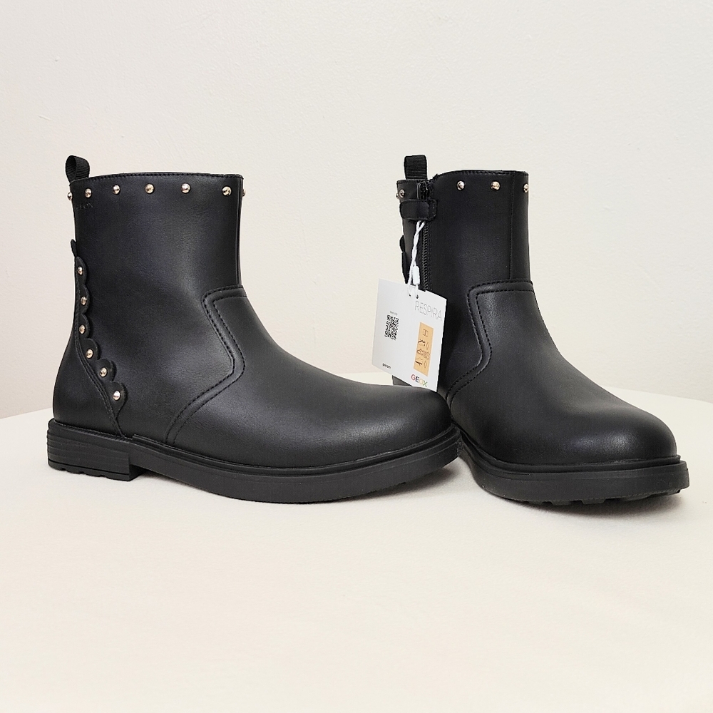 NEW! Geox J Eclair G. Black Ankle Boots Girl's 5.5 Studded Midi Booties School